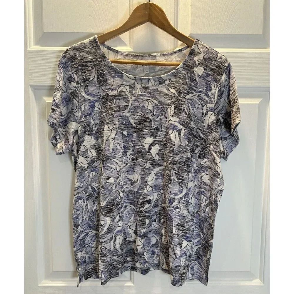 Croft & Barrow Short Sleeve Blouse With Rhinestone Size XL Purple/White/Gray